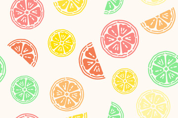 Multi color slices of a citrus fruits doodle summer pattern, multi color flat design seamless background collection. Lemon, Lime, Orange And Grapefruit Drawing.