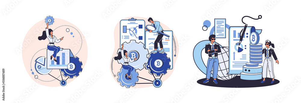 Poster cryptocurrency bitcoin mining metaphor blockchain exchange platform. cyber banking procedures, bitco