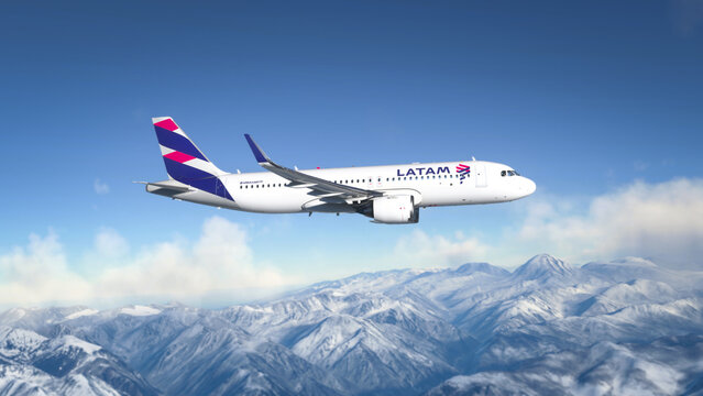 AirBus a320 LATAM flying over Andes Mountains, 25 May, 2022, Santiago, Chile.