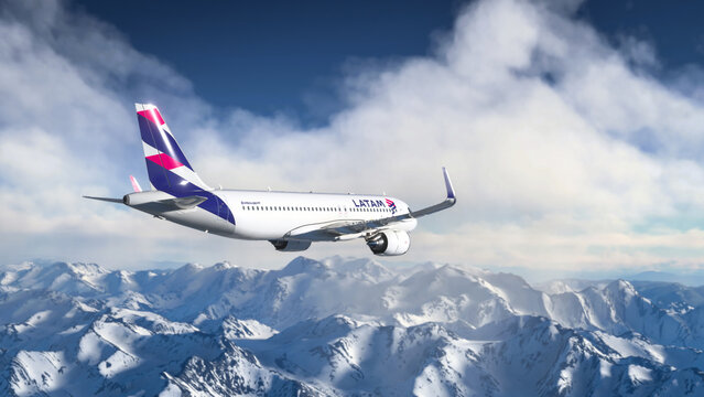 AirBus a320 LATAM flying over Andes Mountains, 25 May, 2022, Santiago, Chile.