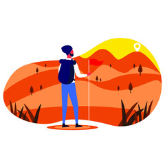 Vector illustration - man looking to the mountain peaks. Mountains, trees and hills on background. Banner, site, poster template with place for your text.