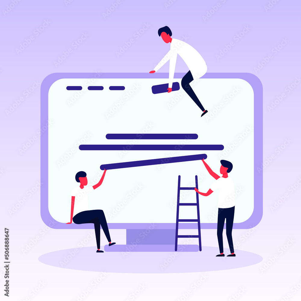 Wall mural flat vector illustration of small people are working together on creating a site design on computer 