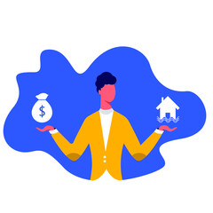 Man choosing between home and money flat vector illustration. Budget planning concept isolated clipart. Money savings investment and funding. Bank loan and economy choice. Financial literacy.
