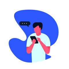 Young man chatting on social media network with friends.Surrounded by message bubbles,boy addicted to internet and digital gadgets.Vector illustration with flat cartoon character.