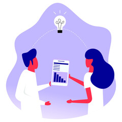 Business man and woman, colleagues, work together. Great idea is in form of a light bulb. Concept of teamwork and brainstorm. Vector, illustration, flat