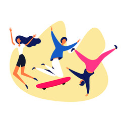 Group of young happy laughing people jumping with raised hands. Students. Vector flat cartoon illustration isolated on white background.