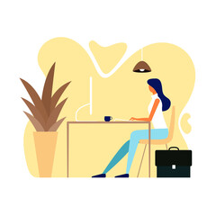 Woman in a suit sitting at the desk and working on the computer. Professional office worker at the workplace. Vector illustration in cartoon style