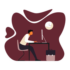 Handsome man is working at his laptop. Modern office interior with clock on the background. Vector illustration.