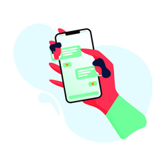 Hand holding phone with messages and group chat concept. Social networking. Communication concept on white background. Vector flat cartoon illustration for web sites and banners design.