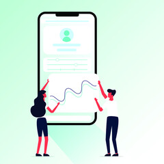 Vector illustration. Creative teamwork. People are building a business project on the Internet. The phone screen is a building site. Collective performance of tasks. - Vector