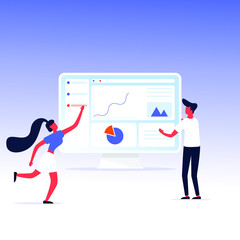 Vector illustration. Creative teamwork. People are building a business project on the Internet. The monitor screen is a building site. Collective performance of tasks. - Vector