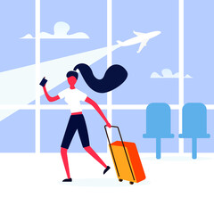 Woman in the airport terminal with luggage. Passenger and travel vector cartoon flat concept illustration.