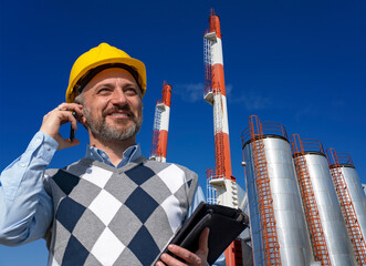 Smiling Manager in Yellow Hardhat Talking On Mobile Phone and Standing Against District Heating Plant Chimneys and Blue Sky. Portrait of Smiling Production Manager With Smart Phone.