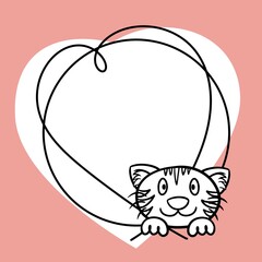 A heart-shaped frame with an empty space to copy, a cute smiling kitten. Vector , sketch