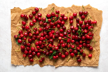 Cherries on the table, just picked. Top view. .