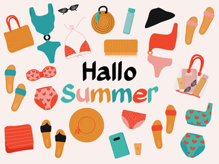 Female bikini and beach accessories collection with lettering. Hand drawn. Flat design. Trendy fashion illustration. Premium Vector
