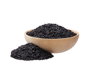black wild rice in a wooden bowl isolated on white background.