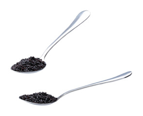 metal spoon with black wild rice isolated on white background.