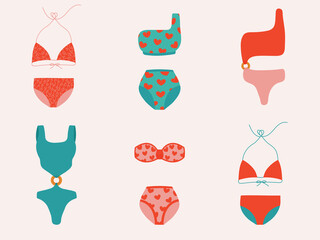 Female bikini and beach accessories collection. Hand drawn. Flat design. Trendy fashion illustration. Premium Vector