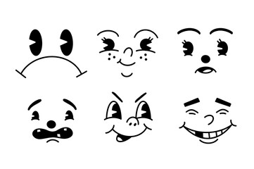 Retro 30s cartoon mascot characters funny faces. 50s, 60s old animation eyes and mouths elements. Retro comics set. Different emotions