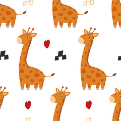 Fototapeta premium Cute hand-drawn childish seamless pattern with a kind giraffe in cartoon style on a white background. Vector illustration. Design of textiles, children's clothing, bed linen, gift wrapping.