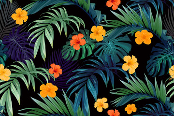 Seamless hand drawn tropical vector pattern with bright hibiscus flowers and exotic palm leaves on dark background.