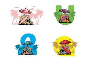 illustration of skull with surfing board under beach umbrella