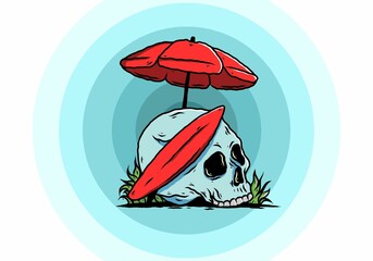 illustration of skull with surfing board under beach umbrella