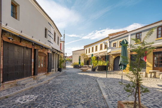 One of the sights of Korca, Albania, ottoman Old Bazaar with blue cloudy sky.