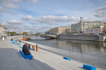 Moscow, Russia - September 29, 2021: View of the Bolotnaya and Yakimanskaya embankments on an...