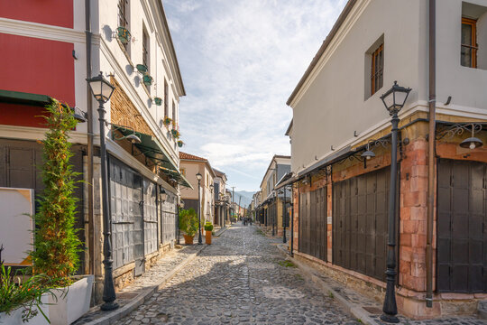 One of the sights of Korca, Albania, ottoman Old Bazaar with blue cloudy sky.