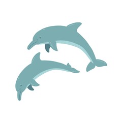 Cute dolphins in flat style isolated on white background. Cartoon sea predator vector illustration. Cartoon ocean fish character