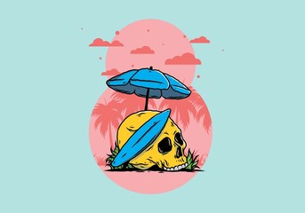 illustration of skull with surfing board under beach umbrella
