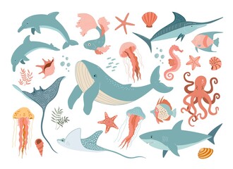 Set with hand drawn sea animals and elements. Dolphins, fish, shark, jellyfish, octopus, whale, shells, seaweed and corals isolated on white background.  Beautiful underwater world in flat style.
