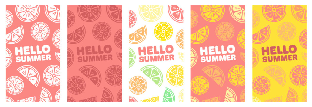 Hello Summer Citrus Backgrounds Collection, Vertical Stories Template for Social Media. Lemon, Orange, Grapefruit and Lime Juicy Backgrounds, suitable for Cafes, Menus, Restaurants, Prints and Designs