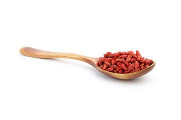 Dried goji berries in wooden spoon isolated on white