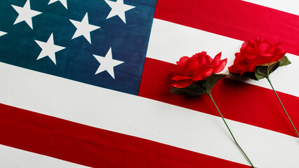 Memorial day. American flag with red roses