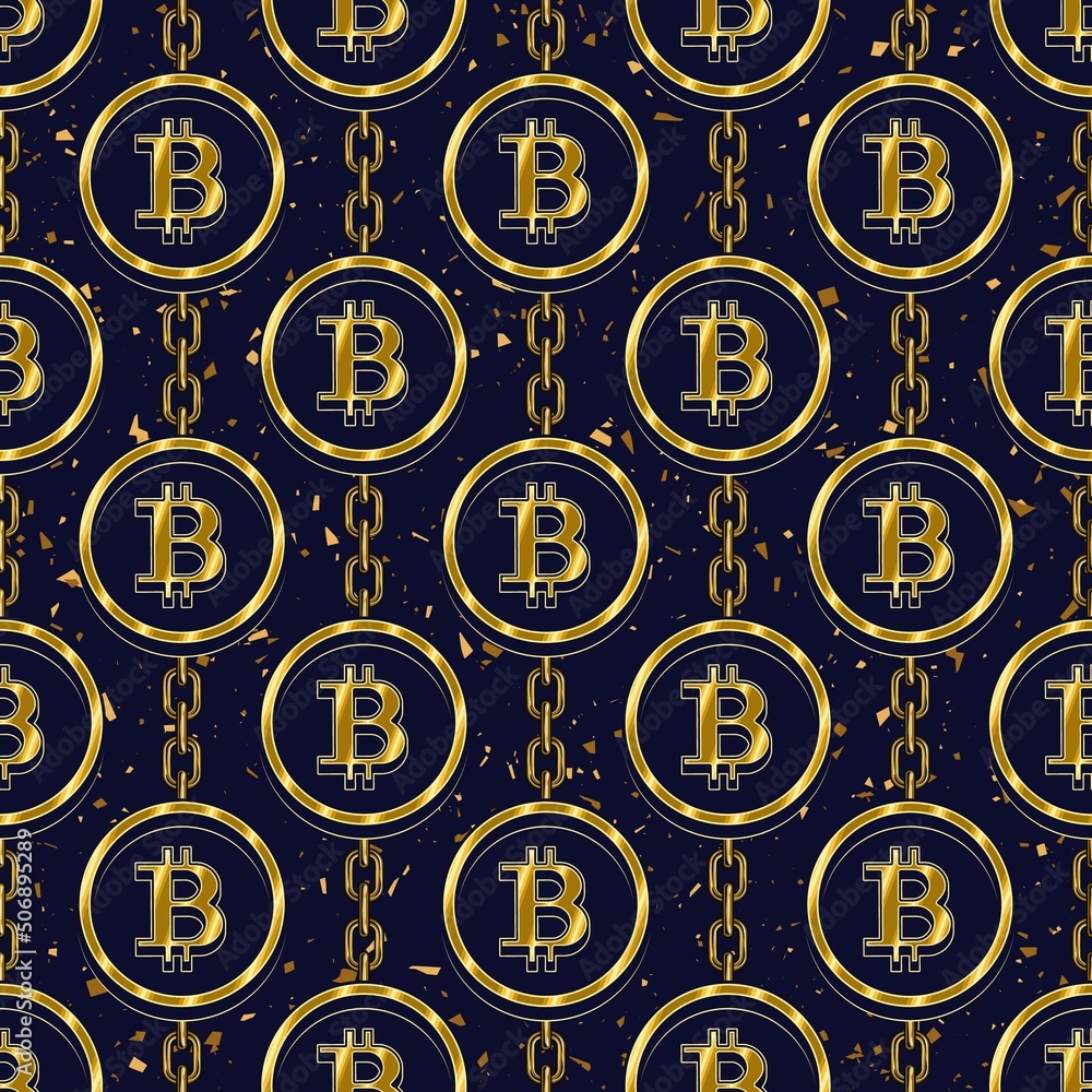 Poster seamless pattern with chains, gold bitcoin symbols in round frame on a dark blue background. backgro