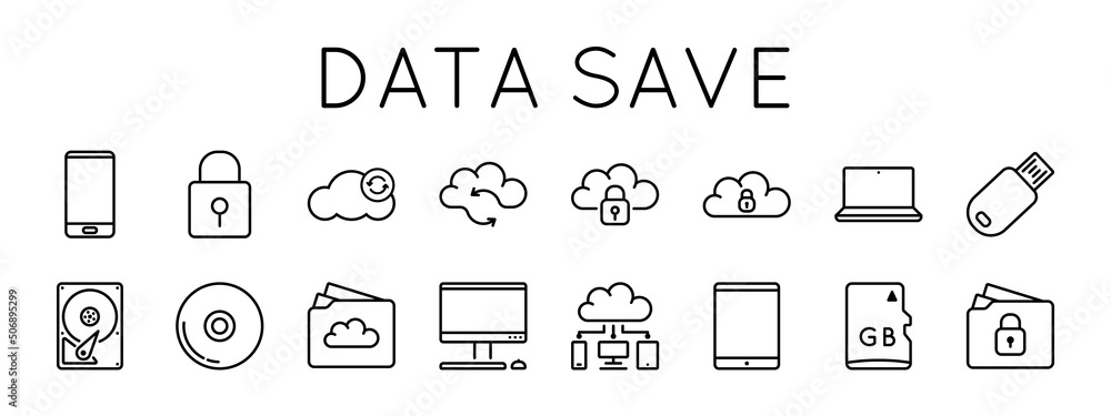 Poster simple set vector icons on topic data storage. icons such as computer, cloud folder, flash card, flo