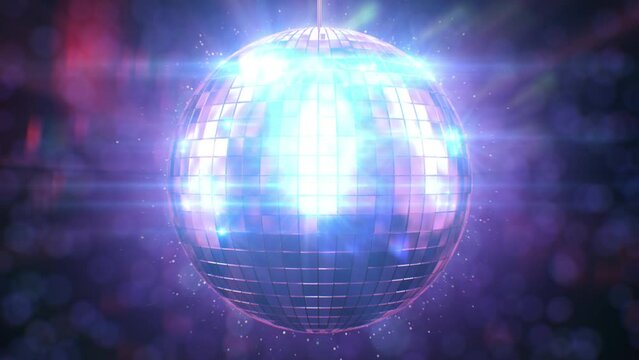 Disco Ball Spinning Seamless with Flares Purple Blue Colors. Looped 3d Animation of Discoball Turning at Abstract Discotheque. Loop-able Isolated Retro Mirrorball Motion. 4k UHD 3840x2160