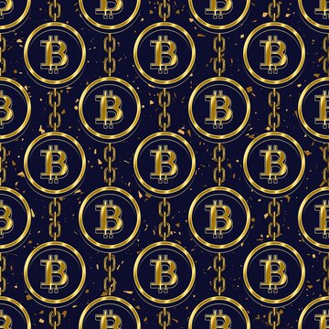 Seamless pattern with chains, gold bitcoin symbols in round frame on a dark blue background. Background is textured with small gold particles like dust, motes. Cryptocurrency, digital money pattern.
