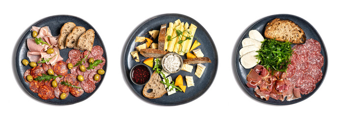 Top view of three plates of appetizer with different meat and cheese isolated on white background.