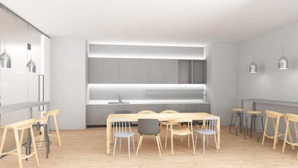 The kitchen and dining table are decorated in modern style.,3d rendering