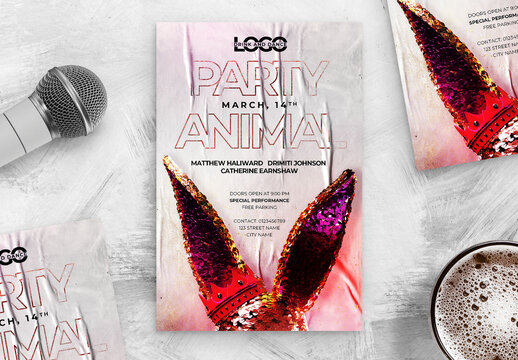 Party Animal Club Flyer Layout with 3D Rabbit Ears