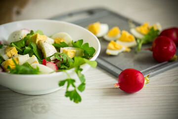 Fresh spring salad with fresh lettuce leaves, radishes, boiled eggs in a bowl