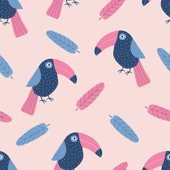 Exotic toucans and colorful leaves hand drawn vector illustration. Funny tropical bird in flat style. Seamless pattern for kids fabric.