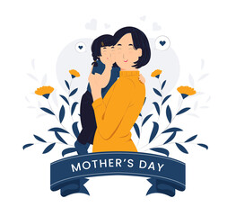 Vector concept illustration Mother hug and loving her child, parent, family, mother's day flat cartoon style