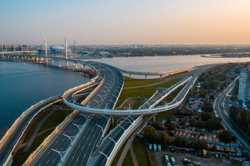 Aerial view of the Gulf of Finland, Saint-Petersburg, Russia, with a stadium, western rapid...