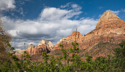 Zion National Park red sandstone rocks with blue sky and clouds, Utah, USA