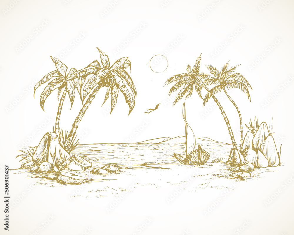 Wall mural hand drawn tropical island landscape vector illustration. sea view with palm trees and boat. sketch.